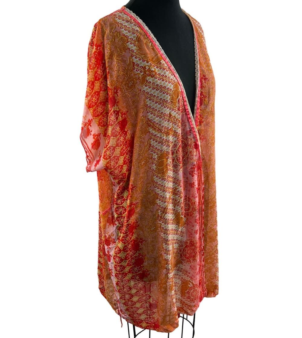 VINTAGE Cinema Etoile Pareo Shawl Orange Floral Floral Printed Open Front 16/18